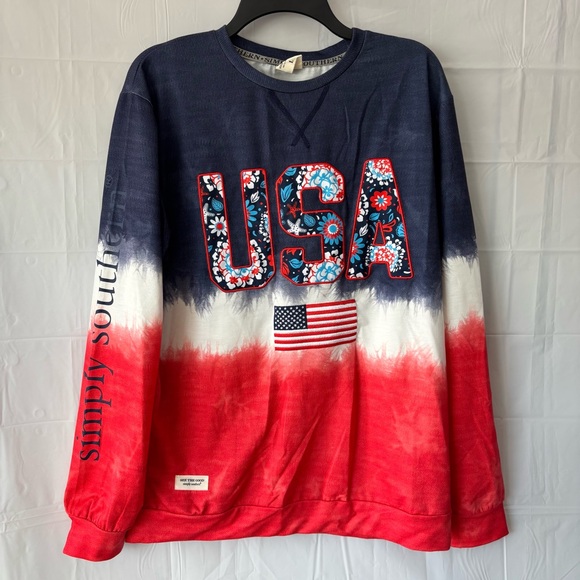 NWOT Simply Southern Red White Blue Patriotic Flag USA Pullover Shirt SZ L - Picture 9 of 10